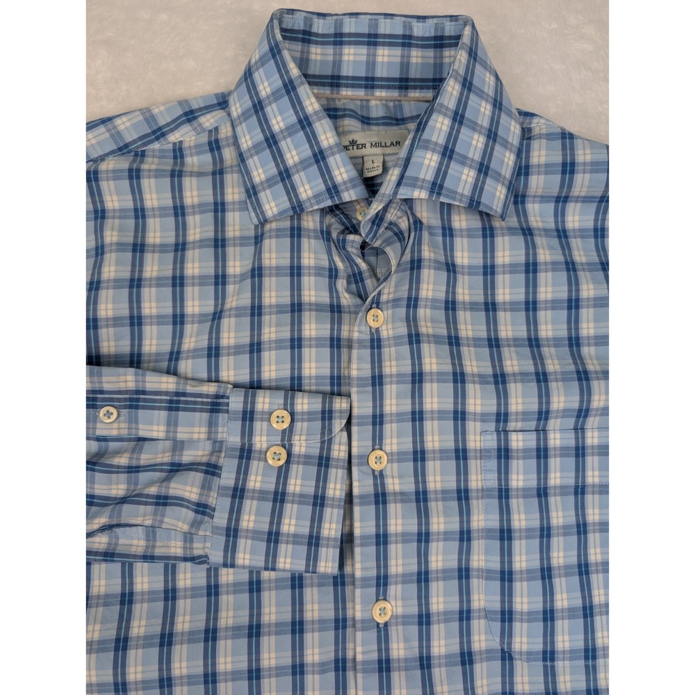 Peter Millar Shirt Men's Large Blue Plaid Performance Button Up Stretch *Read